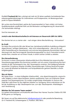 Jurist/in oder Betriebswirtschafter/in mit Interesse am Steuerrecht (80% bis 100%)